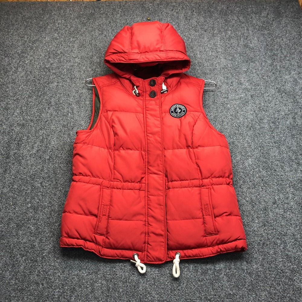 Abercrombie & Fitch Womens Red Hooded Puffer Vest Quilted Sleeveless Jacket L